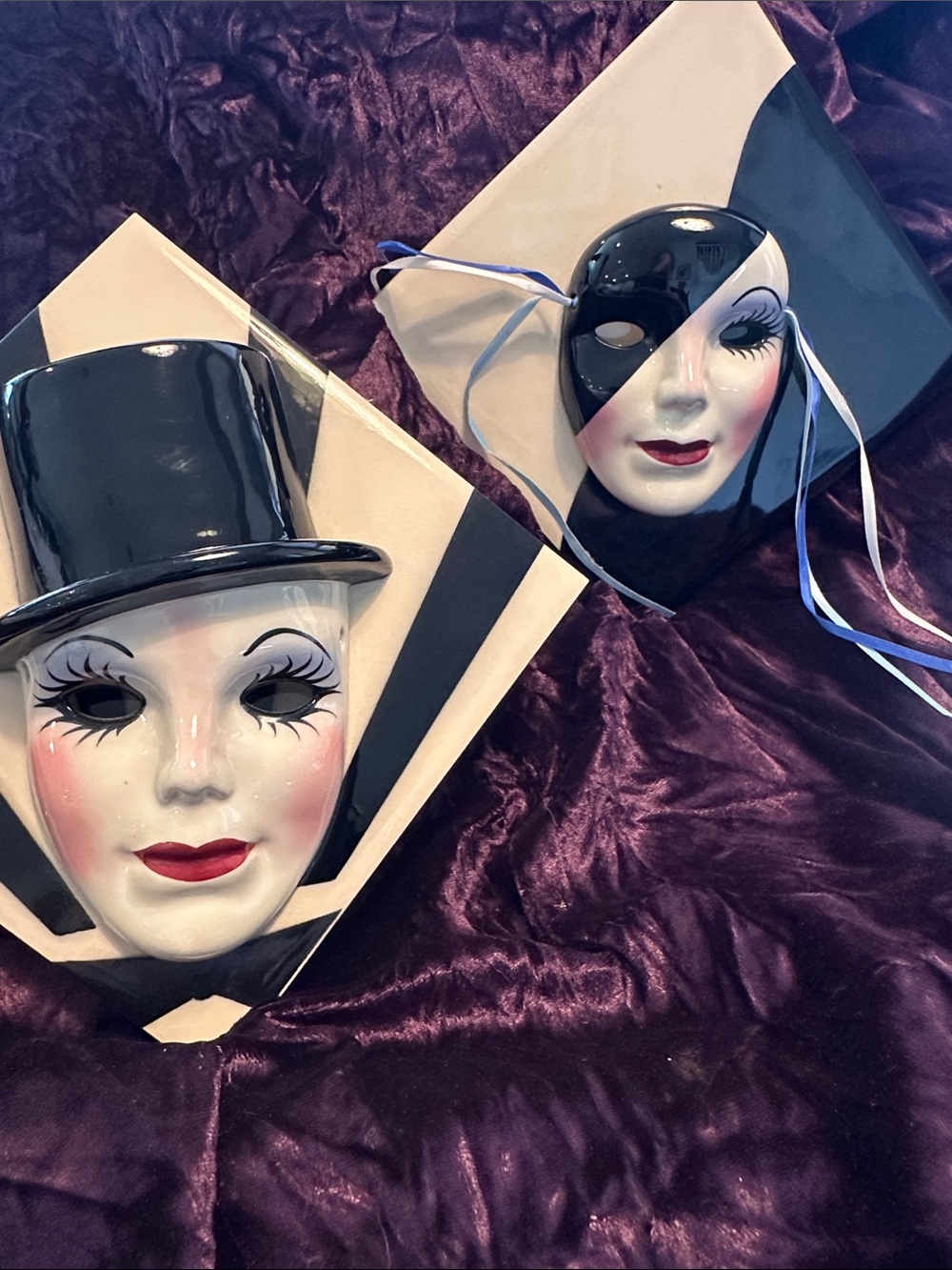 Black and White Ceramic Venetian Style Wall Masks - Made in England